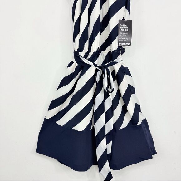 Express Navy Blue Cream Diagonal Stripe Sashed Nautical Coastal Halter Dress NEW - Picture 5 of 16